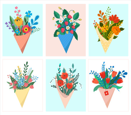 Set of flower bouquets gift in wrapping and blooming plant. Decorative florist shop item on backgroundのイラスト素材