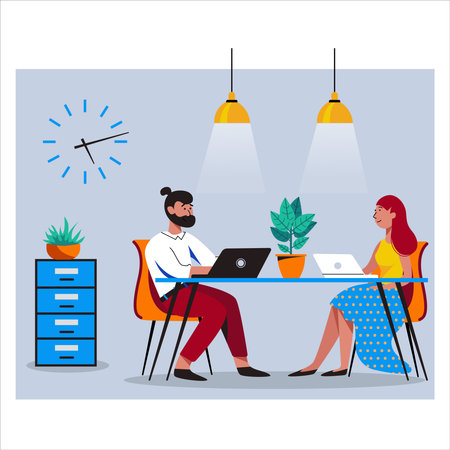 Man and woman working in open space workplace. Coworking, freelance, teamwork, communication, interaction, idea, independent activity concept Vector illustration on gray backgroundのイラスト素材