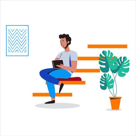 Man sit and working in open space workplace. Coworking, freelance, teamwork, communication, interaction, idea, independent activity concept Vector illustration on white backgroundのイラスト素材