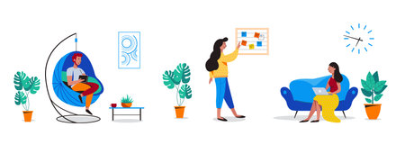 Coworking, freelance, teamwork, communication, interaction, idea, independent activity concept. People working in open space workplace. Vector illustration on white background.のイラスト素材