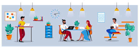 Coworking, freelance, teamwork, communication, interaction, idea, independent activity concept. People working in open space workplace. Vector illustration on gray background.のイラスト素材