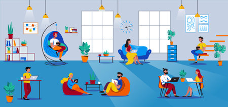 location with People working in open space workplace. Coworking, freelance, teamwork, interaction, idea, independent activity concept. Vector illustration on blue.のイラスト素材