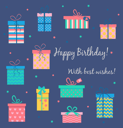 Happy birthday background set of different presents for holiday on dark blue background.のイラスト素材