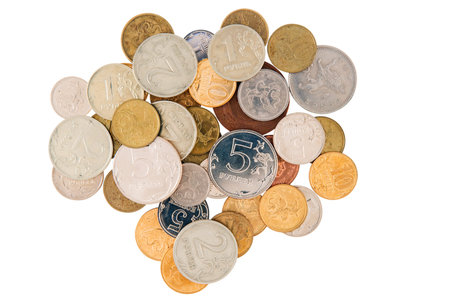 Modern Russian coins of various denominations isolated on white background