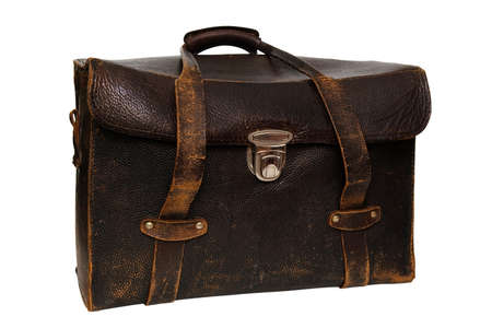A big old leather bag for photographic equipment isolated on a white backgroundの写真素材