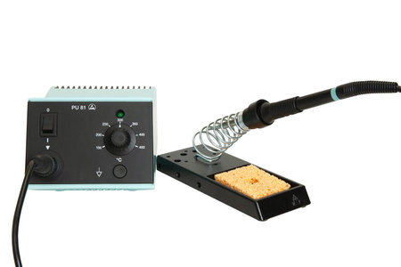 Professional multimode soldering station for electronics isolated on a white backgroundの写真素材