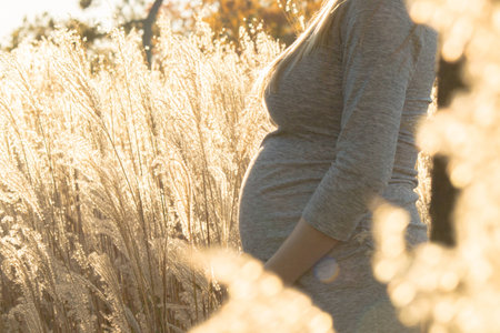 Pregnant expecting woman outdoorsの写真素材