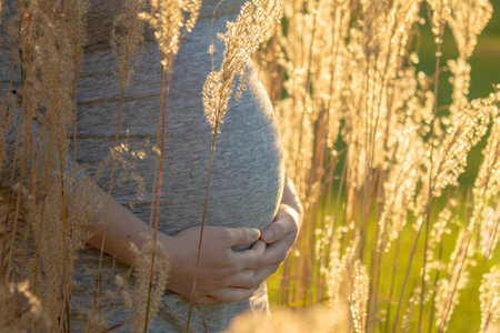 Pregnant expecting woman outdoorsの写真素材