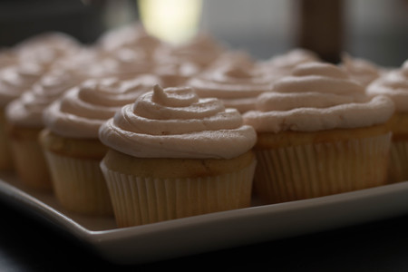 pink cupcakes for birtdhay with frostingの写真素材