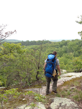 hikers on the trail in nature hiking backpackingの写真素材