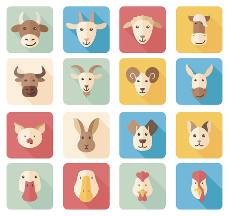 Farm animals flat icons with long shadowのイラスト素材