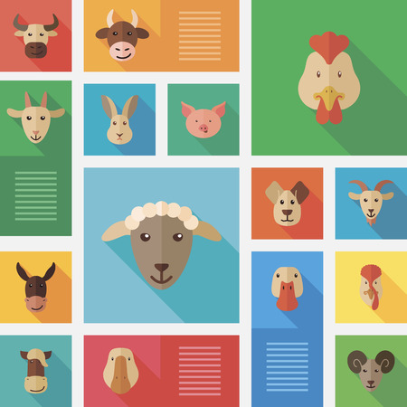 Colorful flat farm animals icons with long shadowのイラスト素材