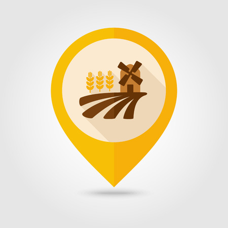 Field with a mill and wheat flat mapping pin icon with long shadow, eps 10のイラスト素材