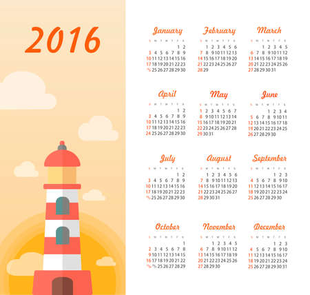 Calendar for 2016 with lighthouse, sunset. Week Starts Sunday.のイラスト素材