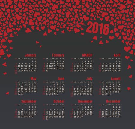 Calendar for 2016 with heart. Week Starts Sunday. EPS 10のイラスト素材