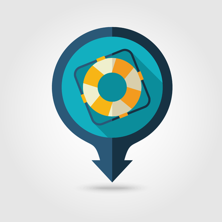 Lifebuoy vector pin map flat icon with long shadow. Beach Map pointer. Summer Map markers. Holiday. Summertime. Vacationのイラスト素材