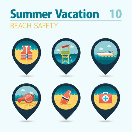 Lifeguard beach safety vector pin map icon set. Summer time Map pointer. Map markers. Vacation,のイラスト素材