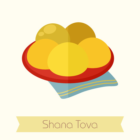 Hanukkah doughnut. Traditional Jewish holiday food. Rosh Hashanah icon. Shana tova. Happy and sweet new year in Hebrewのイラスト素材