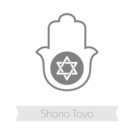 Hamsa hand. Rosh Hashanah icon. Shana tova. Happy and sweet new year in Hebrewのイラスト素材
