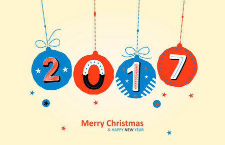 Christmas Greeting Card. Happy New Eyar. Merry Christmas lettering, vector illustrationのイラスト素材