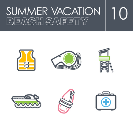 Lifeguard beach safety outline vector icon set. Summer time. Vacation, eps 10のイラスト素材