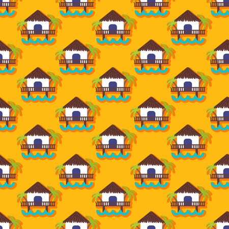 Summer vector seamless pattern with bungalow. Beach. Summertime. Holiday. Vacationのイラスト素材
