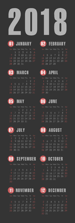 Vector Simple 2018 year calendar with a dark background. Week starts from Sunday, eps 10のイラスト素材