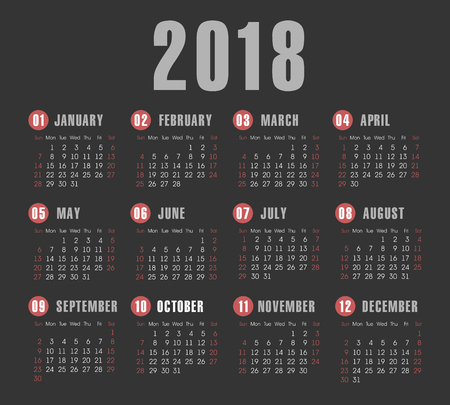Vector Simple 2018 year calendar with a dark background. Week starts from Sunday, eps 10のイラスト素材