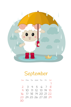 Calendar 2018 months September with sheep. Week starts from Sunday. Hand drawn with autumn rain, eps 10.のイラスト素材