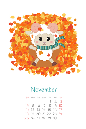 Calendar 2018 months November with sheep. Week starts from Sunday. Hand drawn with harvest of apples and pears, eps 10.のイラスト素材
