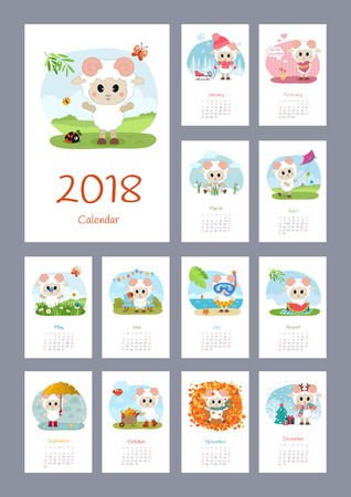 Calendar 2018 year with sheep. Week starts from Sunday.のイラスト素材