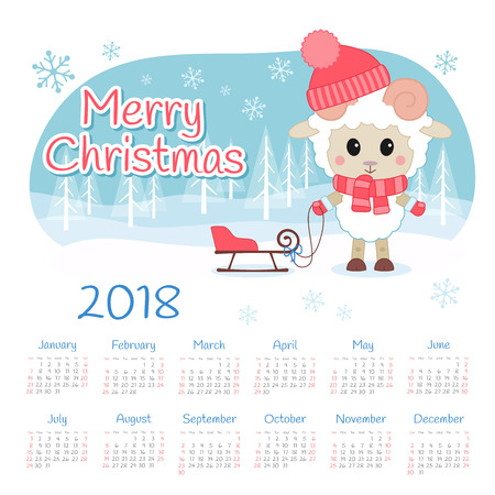 Calendar 2018 year with sheep. Week starts from Sunday, eps 10のイラスト素材