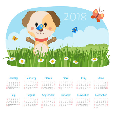 Calendar 2018 year with dog. Week starts from Sunday, eps 10のイラスト素材