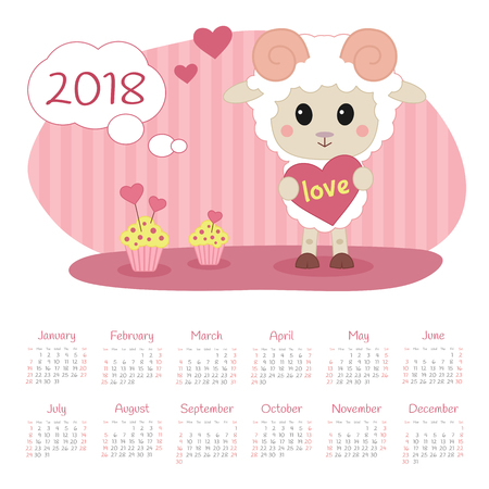 Calendar 2018 year with sheep. Week starts from Sundayのイラスト素材