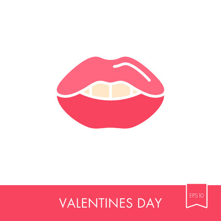Woman red lips icon illustration. Female mouth shape with teeth. Beautiful kiss symbol with lipstick makeup for love poster, fashion banner, greeting card design. Pop art polka dot backgroundのイラスト素材
