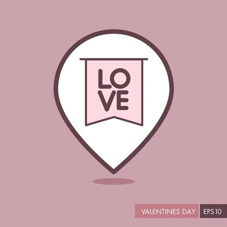 Flag with inscription Love pin map icon. Valentines day symbol. Map pointer. Vector illustration, romance elements. Sticker, patch, badge, card for marriage, weddingのイラスト素材