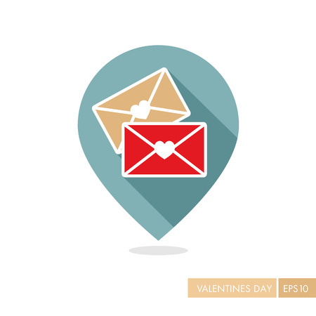 Two envelope pin map icon. Love Letter. Valentines day symbol. Map pointer. Vector illustration, romance elements. Sticker, patch, badge, card for marriage, weddingのイラスト素材