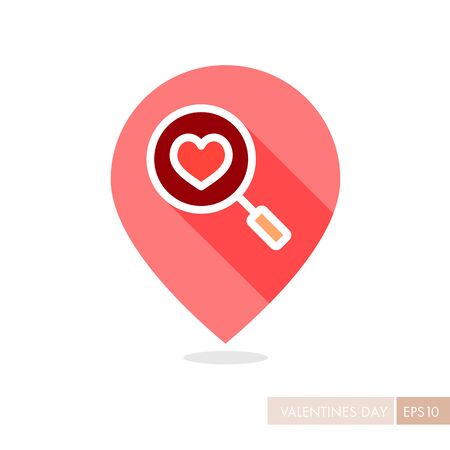 Heart search pin map icon. Valentines day symbol. Map pointer. Vector illustration, romance elements. Sticker, patch, badge, card for marriage, weddingのイラスト素材
