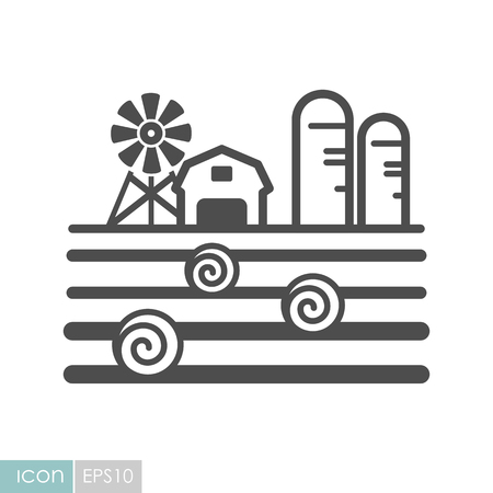 Farm landscape with barn, windpump, haystack and granary icon. Agriculture sign.のイラスト素材