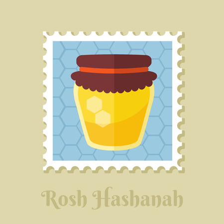 Jar of honey. Rosh Hashanah stamp. Shana tova. Happy and sweet new year in Hebrewのイラスト素材