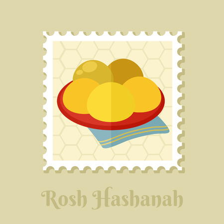 Hanukkah doughnut. Traditional Jewish holiday food. Rosh Hashanah stamp. Shana tova. Happy and sweet new year in Hebrewのイラスト素材