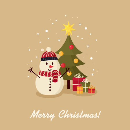 Snowman near Christmas tree with gifts. Merry Christmas and Happy New Year. Holiday greeting card. Isolated vector illustration.のイラスト素材