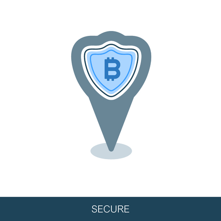 Secured digital internet cryptocurrency bitcoin pin map icon. Map pointer. Map markers. Vector design of blockchain technology, bitcoin, altcoins, cryptocurrency mining, finance, digital money marketのイラスト素材