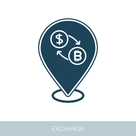Bitcoin to dollar exchange pin map icon. Map pointer. Map markers. Vector design of blockchain technology, bitcoin, altcoins, cryptocurrency mining, finance, digital money marketのイラスト素材