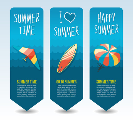 Parasailing, hang glider and surfboard. Summer Travel and vacation vector banners. Summertime. Holidayのイラスト素材