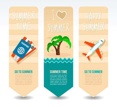 Passport and ticket, airplane and palm tree. Summer Travel and vacation vector banners. Summertime. Holidayのイラスト素材