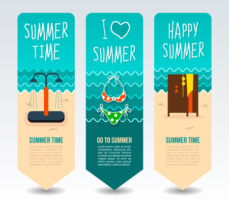 Swimsuit, beach shower cabin and cloakroom. Summer Travel and vacation vector banners. Summertime. Holidayのイラスト素材