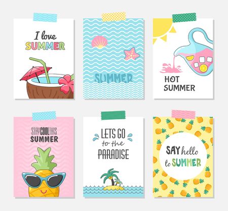 Vector set of bright cards. Summer posters with coconut cocktail, starfish, seashell, jug lemonade, sunglasses, pineapple and island palm tree. Journal cards. Holiday, travel, vacation themeのイラスト素材