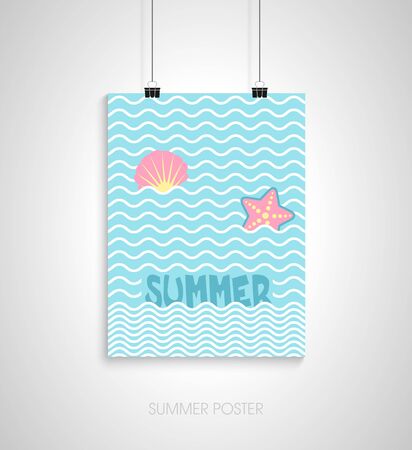 Summer flyer card with starfish and seashell. I love summer. Journal cards. Vector illustrations for t-shirt, poster prints. Holiday, travel, vacation themeのイラスト素材