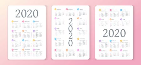 Calendar 2020 year. Color vector template. Week starts on Sunday. Basic grid. Pocket square calendar. Ready designのイラスト素材